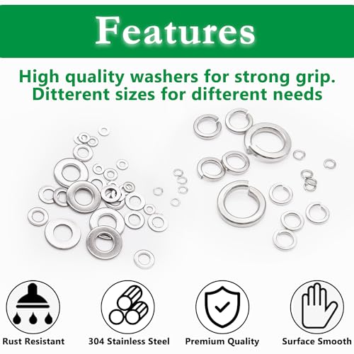 304 Stainless Hex Flange Nuts, Spring Lock Washer and Flat Washer Assortment