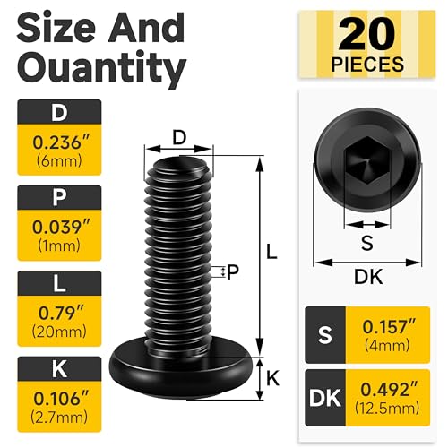 Mywish M6 x 20mm 20Pcs Flat Head Hex Socket Cap Screws Bolts & 250Pcs #8 × 1-1/4 inch Phillips Truss Head Wood Screws, Stainless Steel Screws, Quick Metal Self Tapping, Furniture Bolts Full Thread