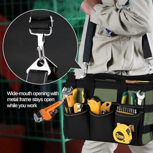 Heavy Duty Tool Bag, Canvas Utility Organizer with Shoulder Strap, Waterproof Electrician Mechanic Gardening Pouch, Wide-Mouth Zipper Storage Tote, Portable Handyman Tool Bag (12 inch) 12 inch