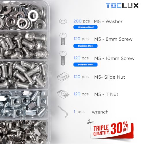 680 pcs 20 Series Aluminum Extrusion Silver M5 T-Nut and Screw Kit – Sliding & Drop-in T-Nuts, M5x8mm & M5x10mm Screws, Washers – for 6mm T-Slot Accessories Extruded Aluminum Hardware 680 pcs 20 Series M5 Silver