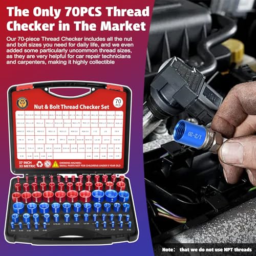 70 Pcs Thread Checker Nut and Bolt Thread Checker Set with 37 Inch and 33 Metric Box Set Thread Gauge SAE and Metric Sizes Perfect for Tight Spaces Ideal for Bolt and Nut Size Checking