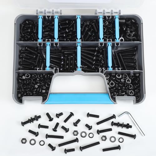 655PCS M6 Bolt Assortment Kit, M6 x 10/12/14/16/20/25/30/35mm Button Head Hex Socket Cap Screws Nuts Bolts Washer Assortment Kit 10.9 Grade Alloy Steel Black Oxide M6 655PCS Button Black