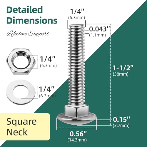 (20 Sets) 1/4-20 x 1-1/2 Carriage Bolts with Nuts and Washers & 190Pcs #8 Pocket Hole Screws Assortment Kit, Self-Tapping Tip Square Drive Wood Screw for Furniture with 150mm Drill Bit