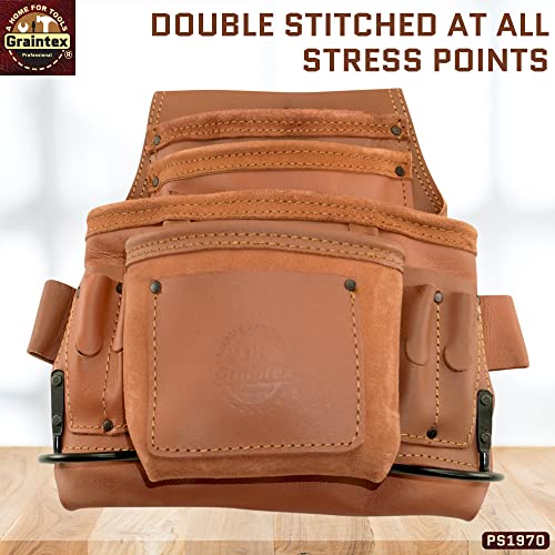 Graintex PS1970 :: 10 Pocket Nail & Tool Pouch Tan Color Industrial Grade Leather; for Constructors, Handyman, Plumbers, Electrician