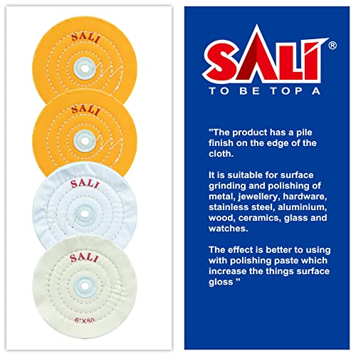 SALI Pack of 4 Polishing Discs Set for Drill and Polishing Stand, 150 mm Buffing Discs with Polishing Paste Kit for Metals & Wood, Yellow, White Cotton & 50-Ply Cotton Polishing Discs 6" - 4pcs Set of 4 6 inch polishing discs