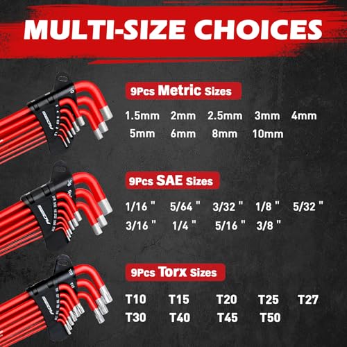 SEDY 30-Piece Long Arm Ball End L-Hex & Torx Key Set with Grip Handle, Ultimate Hex Key Wrench Set with T-Handle and Extension Bars, SAE 1/16" to 3/8", Metric 1.5mm to 10mm, Torx T10 to T50 30-Piece Set (with T-Handle)
