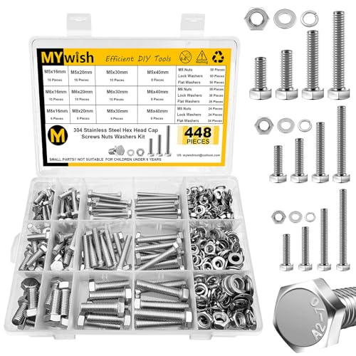 Mywish 105Pcs M8x1.25 Bolt x 16/20/25/30/35mm Flanged Hex Head Bolts & 448PCS M5 M6 M8 Screw Set, Metric Bolt Assortment, 304 Stainless Steel Serrated Nuts and Bolts, Flat & Spring Washers