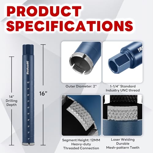 2" Core Drill Bit with Etched Depth Scale – Industrial for Reinforced Concrete, Brick Block, Masonry,1-1/4"-7 UNC,14" Drilling Depth, Precision-Welded & Aggressive Sharp 12mm Segments, Wet 2 Inch