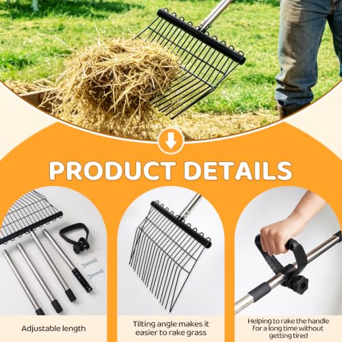 Metal Manure Fork with Adjustable Long Steel Handle Rake Rustproof Hay Fork