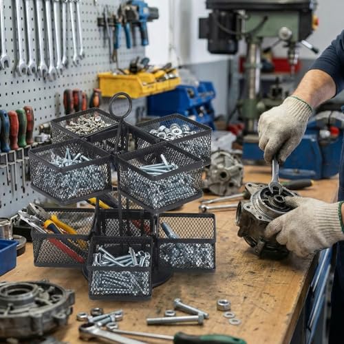 Mesh Metal Toolbox Organizer With 8 Rotating Bins, 360° Hardware Storage Rack, Small Tool Box for Screws, Nuts, Bolts, Washers, Drill Bits and Pliers in Garage Workshop, Black