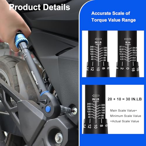 3/8" Drive Inch Pound Torque Wrench 20-240 in.lb, ±3% Accuracy, Dual-Direction 72-Tooth Small Torque Wrench Set with Extension Bar 3/8" Adapter for Bike Motorcycle Car Maintenance 3/8" 20-240 in.lb - 4 Pcs