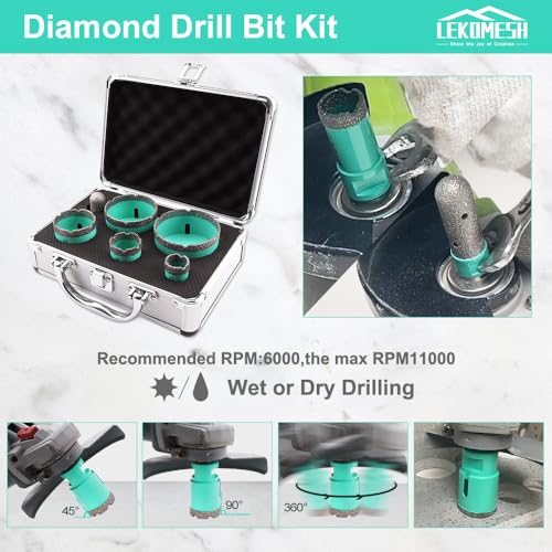 Diamond Core Drill Bits Set 6pcs Tile Hole Saw Kit for Porcelain Tile Ceramic Marble Brick Concrete with 5/8-11 Thread(25/35/50/65/75mm+20mm Finger Bit)
