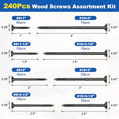 #8#10 Wood Screws Assortment Kit, 240Pcs 8Sizes Screws Set Assorted Screws Black #8#10 (8Sizes)