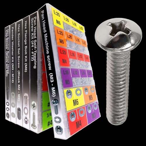 EEEEE 901pcs Phillips Pan Head Metric M3 M4 M5 M6, Machine Screw Assortment Kit Assorted Screws 304 Stainless Steel and Nut Set Flat Washers Nuts Hardware with Snap Lock Case Metric Pan Head Silver Machine Screw