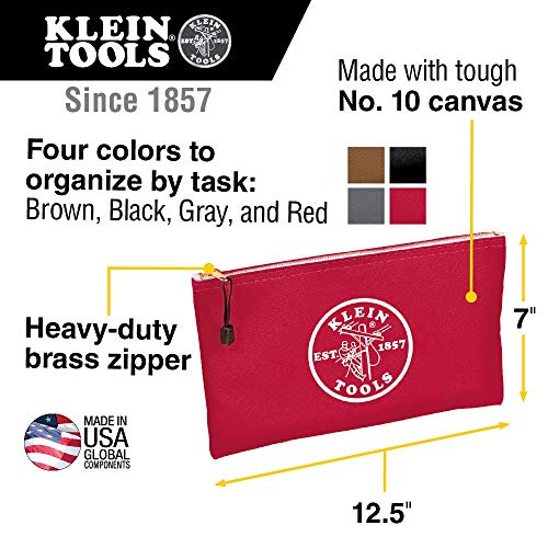 Klein Tools 5141 Canvas Zipper Bag, 12.5 x 7-Inch, Brown/Black/Gray/Red 4-Pack & 55470 Utility Bag, Stand-Up Zipper Tool Bags, Orange/Black, Gray/Black, 2-Pack