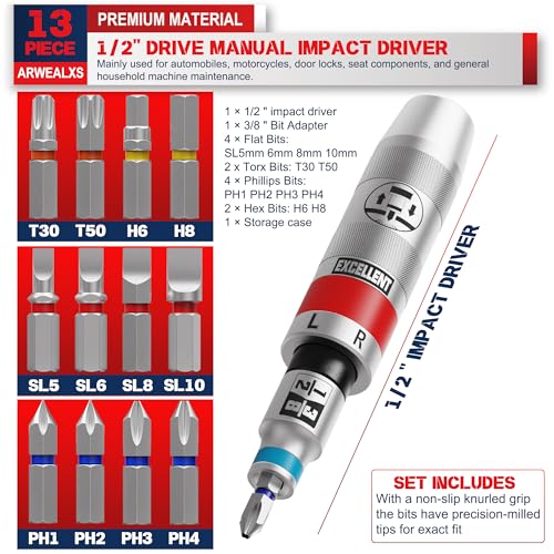 13 Piece 1/2" Drive Manual Impact Driver, Reversible Hand Impact Screwdriver Set with Slotted, Hex, Phillips Bit Kit, for Tighten and Rusted Fasteners or Frozen Bolts, with Storage Case 1/2"