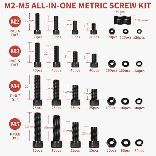 Metric Screw Assortment Kit, M2 M3 M4 M5 Bolt Assortment with Bolts and Nuts, Hex Socket Cap Head M Screws for 3D Printer Black Zinc Plated Grade 12.9 Alloy Steel M2-M5 1760 PCS