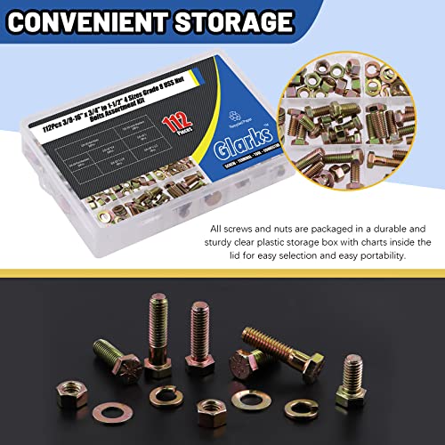 Glarks 112Pcs 3/8"-16 Grade 8 Coarse Thread Hex Bolt, Nut, Screw, Washer Assortment Kit, 4 Sizes (3/4", 1", 1-1/4", 1-1/2")