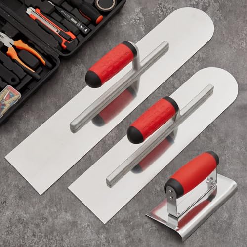 Large 20" & 16" Concrete Finishing Trowel Set, Stainless Steel Masonry & Plastering Finishing Trowels, Square & Round End Trowels with 6" x 3" 1/4" R Edger, DIY Patio, Driveway & Small Projects One Square, One Circle