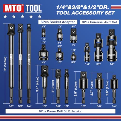 MTO 18-Piece Impact Socket Adapter & Universal Joint Set, 1/4", 3/8" & 1/2" Drive Hex Shank Drill Bit with Standard, Long & Swivel Types, for Impact Wrench & Driver