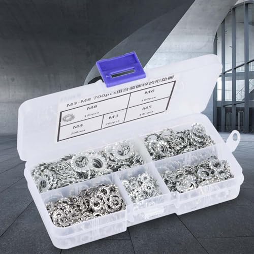 Oumefar 700Pcs Serrated Lock Washer Kit,Stainless Steel Galvanized Internal Star Tooth Lock Washers Fastening Tool Assort Set with Box, External Tooth Washers Assortment Set(M3/M4/M5/M6/M8)