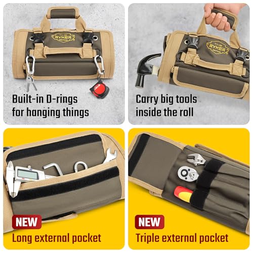 The Ryker Bag PRO Tool Roll Organizer - Motorcycle Tool Bag With 4 Detachable Pouches & Wrench Organizer for Mechanic - Small Car Portable Tool Bag - Gifts for Dad