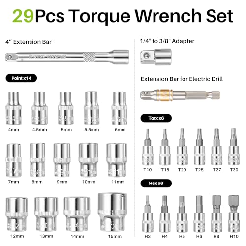 1/4" Digital Torque Wrench -0.33-22Ft.Lb for Bike Motorcycle Repair 1/4" 4-266.0In.Lb Set