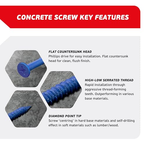 3/16 x 4 Countersunk Phillips Flat Head Blue Concrete Screw Anchors (100 pcs Screw Kit) with one Screwdriver and Drill Bit for Concrete, Masonry, Block, Brick and Wood Fastening 3/16 x 4 in