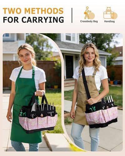 Marscamd Garden Tool Bag with Hard Bottom, Garden Tote with Shoulder Strap Pink Sunflower