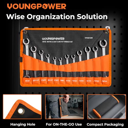 YOUNGPOWER 12-Piece Flare Nut Wrench Set, Brake Line Wrench Set