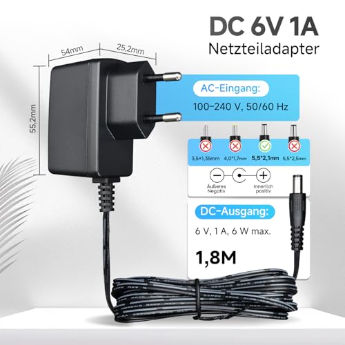 6V 1A 1.8M Power Supply with 8 DC Plugs, DC 6V 1000mA 6W Power Cord for Blood Pressure Monitor, Cross Trainer, Sewing Machine, Trash Can and More - CE Certified 6V 1A mit 8 steckers