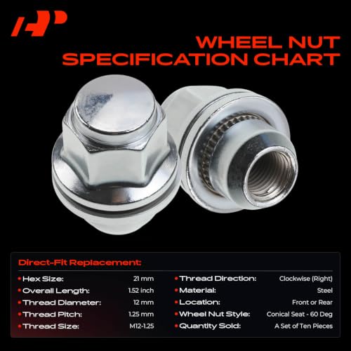 A-Premium Front or Rear M12-1.25 Wheel Lug Nuts, Set of 10 10PCS