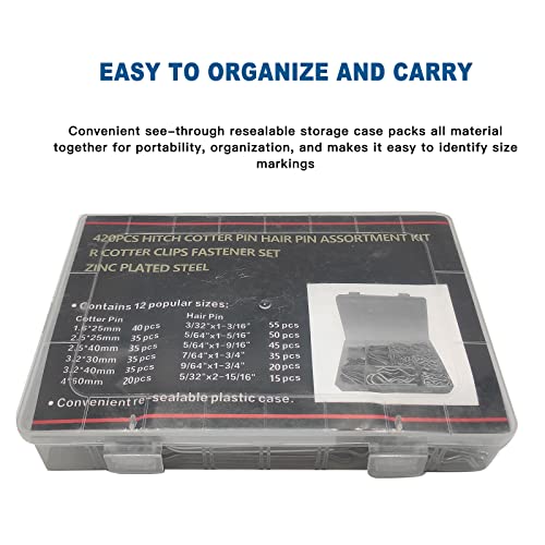 Boatsea 420Pcs Cotter Pin Assortment Kit R Clips Spring Retaining Hair Pins Assortment Kit, Including 6 Sizes 200PCS Cotter Pins and 6 Sizes 220PCS Hairpin Pins, Zinc-Plated