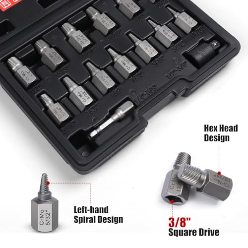 15 Pieces Screw Extractor Set, Easy Out Bolt Extractor Kit, 3/8" Inch Drive Hex Head Multi-Spline Bolt Remover Kit Tool for Removing Stripped, Broken Rusted Bolts Screws 15PCS