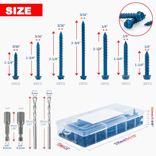 200Pcs 3/16" 1/4" Hex Head Concrete Screws with Drill Bit and Driver bit 200Pcs 1-1/4" to 2-3/4" Slotted Hex Head