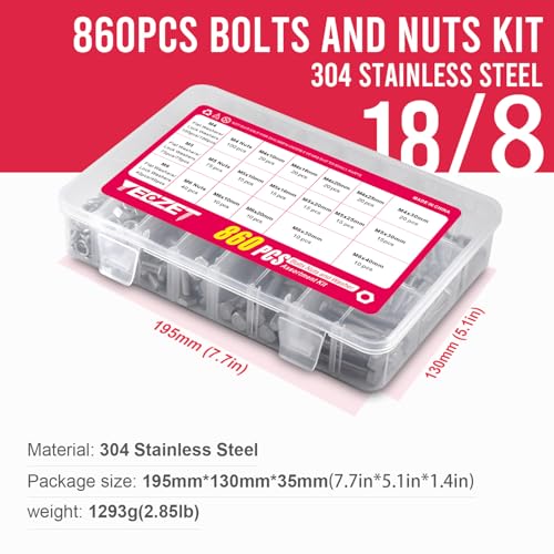 860pcs 304 Stainless Steel Metric Bolt Assortment Kit,M4 M5 M6 Bolts and Nuts Washers Assortment Set,14 Most Common Sizes M4 M5 M6 Bolts and Nuts Kit (SS304 860PCS)