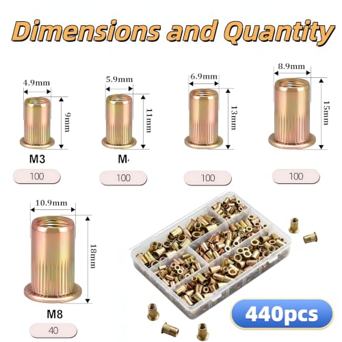 Rivet Nuts Assortment, 440 Pieces Rivet Nuts Set, Metric (M3/M4/M5/M6/M8)