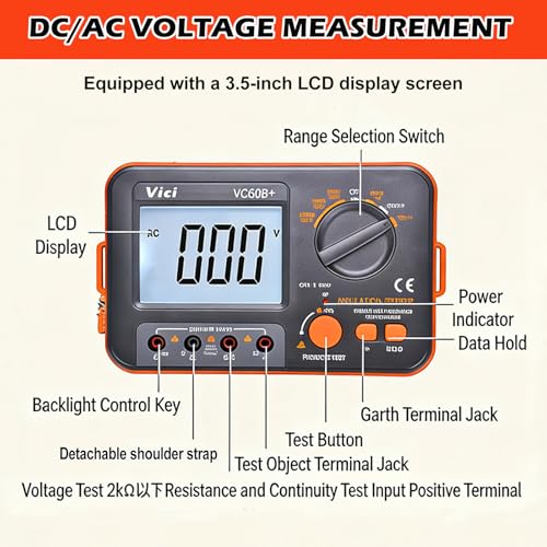 Digital Megohmmeter, Insulation Resistance Tester Insulation Resistance 0.1MΩ-2GΩ with 250V/500V/1000V Test Voltage with Backlit LCD Display, Includes Measuring Tips Crocodile Clips