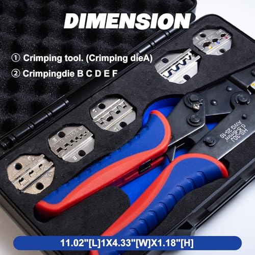 Crimping Tool Set, Ratchet Wire Crimper Tool For Heat Shrink, Insulated Nylon,Non-Insulated,Ferrule Wire End, Open Barrel Terminals, Solar Connectors - Crimper with 6 Interchangeable Die