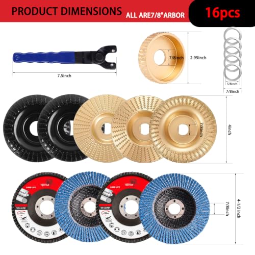 16-Piece Wood Carving Disc Kit for 4 in 4.5 in Angle Grinder, Woodworking Grinding Wheels Kit with 7/8"-5/8" Arbor for Quick Rough Cutting Shaping Sanding Polishing