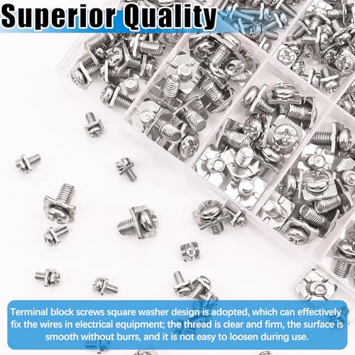 mxuteuk 215PCS Terminal Block Screws Kit,M3 M3.5 M4 M5 Terminal Screws,Nickel-Plated with Square Washers for Switch Plates,Electrical Panels and Terminal Blocks