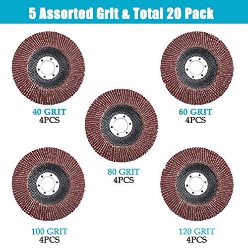 4.5 Inch Flap Discs, 20 Pack-40 60 80 100 120 Grit Angle Grinding Sanding Wheels Type 27 Aluminum Oxide Abrasives for Metal Wood Grinding(7/8 inch Arbor)