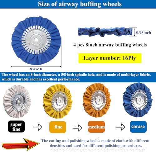 8 inch Airway Buffing Wheel with Compound for Angle Grinder,9PCS Buffer Polishing Wheel(5/8 inch Arbor Hole) and 5PCS Buffing Compounds，Aluminum Wheel Polishing Kit for Mirror Finish