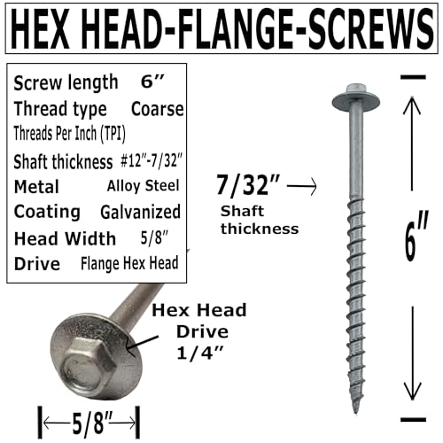 BRAUNY BOY - #12 x 6”- Structural Lag Heavy Duty Construction Wood Screw – Galvanized Corrosion Resistant Coating Exterior Timber, Landscape - Easy HEX Head Drive – Flange Head 6 in - Qty (50) 50