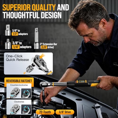 SOARFLY 3/8 Digital Torque Wrench Set 220Nm/162Ft-lb for Auto 1/2 1/4 Drive Black-220nm/162ft-lb