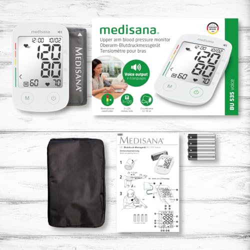 medisana BU 535 Voice Upper Arm Blood Pressure Monitor with Voice Output | Blood pressure and pulse monitor with memory function, traffic light scale, blood pressure cuff with irregular heartbeat indicator