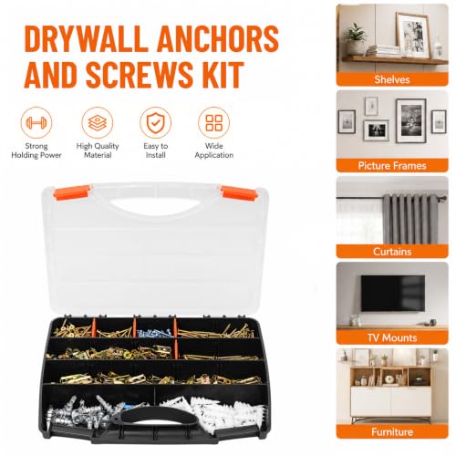 600 PCS Drywall Anchors and Screws Assortment Kit, Heavy Duty Plaster Wall Expansion Wall Plugs Self Drilling Hollow Wall Anchors for Shelves, Pictures, Curtains, TV Brackets