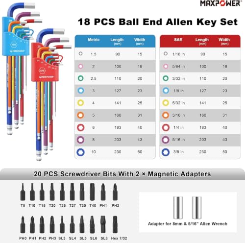 MAXPOWER 18PCS Hex Key & 22PCS Bit Set, SAE/Metric Extra Long Arm Ball End