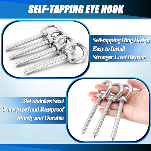OHIYO 5 Inch + 6.3 Inch Heavy Duty Eye Hooks M10 Self Tapping Eyelet Screw Load Capacity Heavy Duty Screw in Eye Hooks for Hammock Stand, Swing Chair, Yoga, Heavy Indoor & Outdoor Uses (4Pack- M10)…