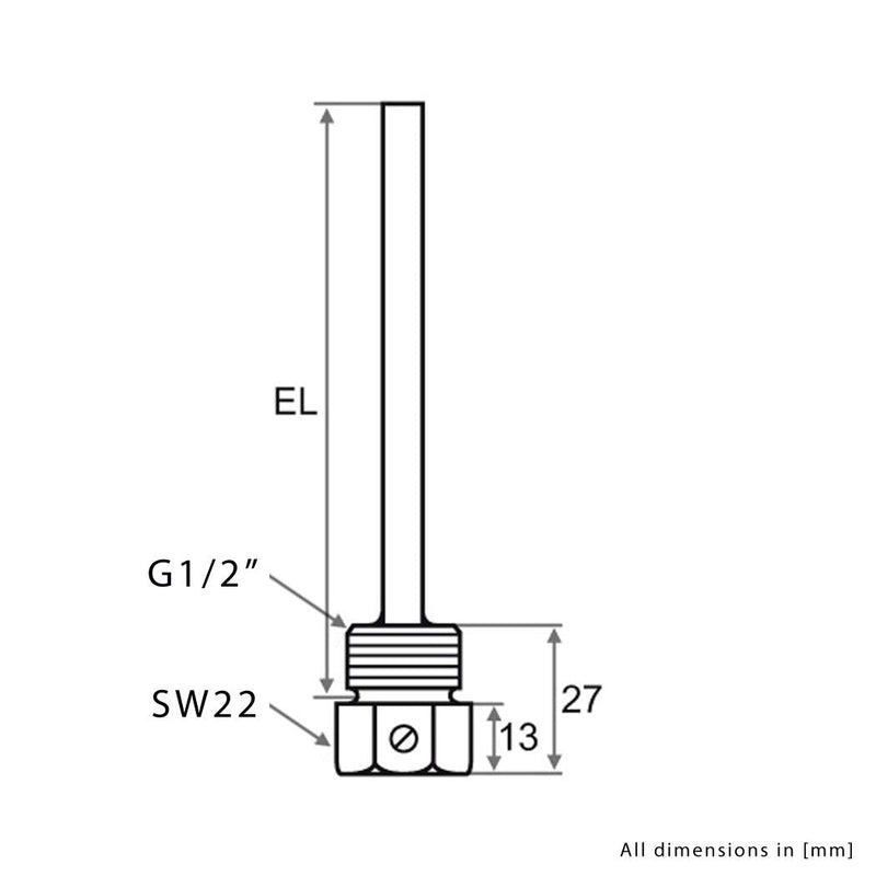 Immersion sleeve stainless steel V4A, G 1/2 inch, installation length 100mm for temperature sensor 6mm heating up to 600°C